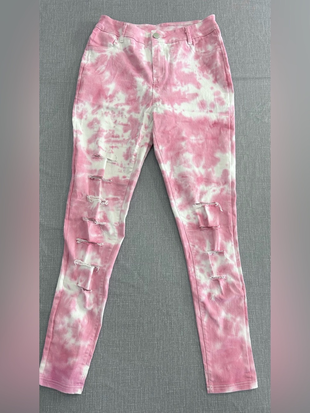 Pink & White Tie-Dye Distressed Slashed Jeans Stretch Skinny Womens Junior M